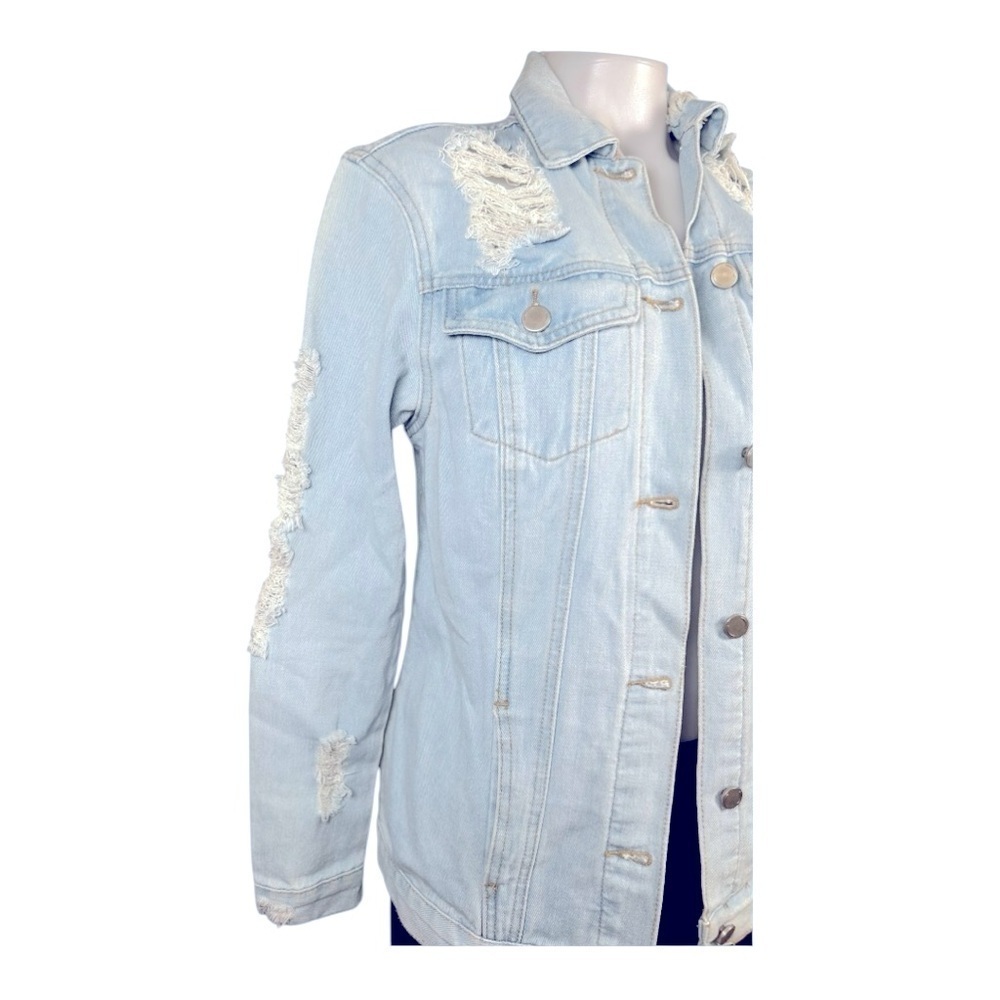FASHION NOVA Distressed Light Blue Denim Jacket size XS oversized pre-loved - Picture 7 of 14